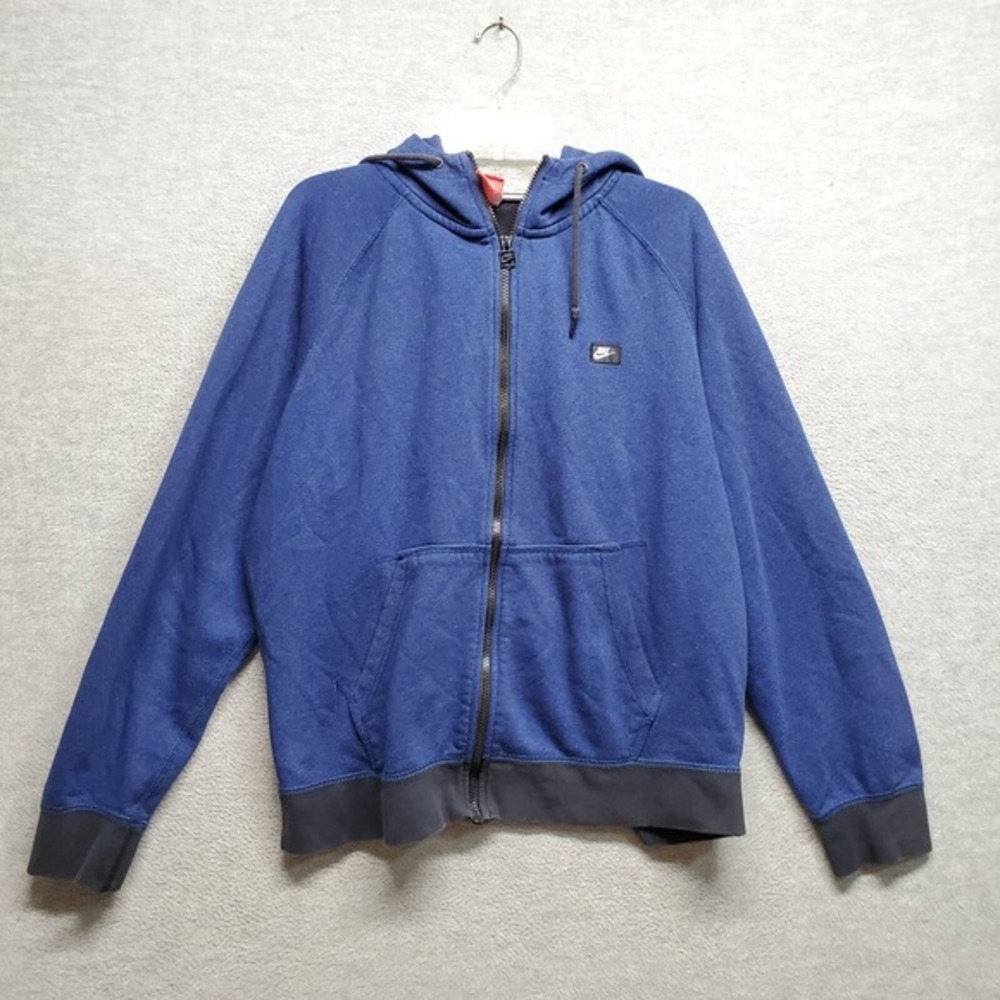 VINTAGE Nike Men Sweatshirt XL Blue Hoodie Logo Pockets Full Zip Long Sleeve